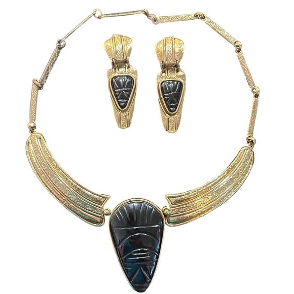 RARE Vintage IXEL Signed Aztec Mexican Necklace & Earrings- Obsidian Protection - Picture 5 of 16